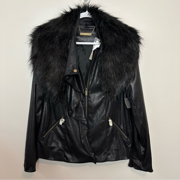 NWT IMAN Moto Jacket Faux Suede Fur Collar Zip Black Vegan Coat Large - Picture 2 of 13
